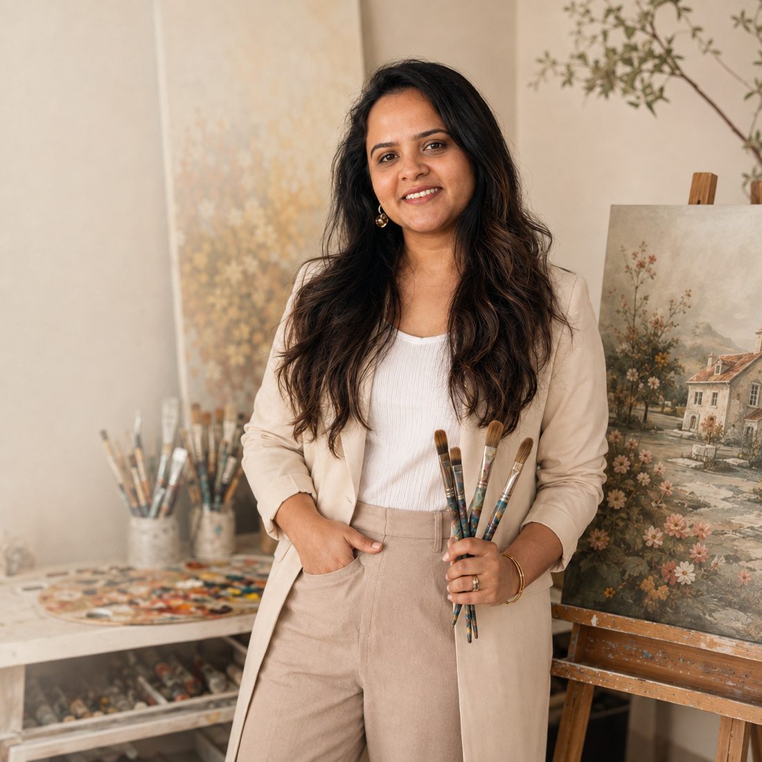 Mittal Patel, visual artist, standing in her studio holding paintbrushes